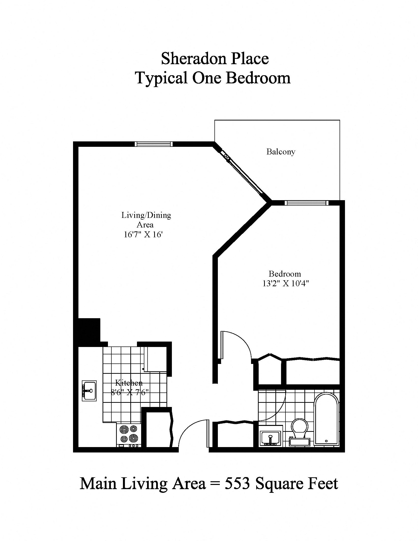 Floor plan for 1 bed, 1 bath, 553 sqft